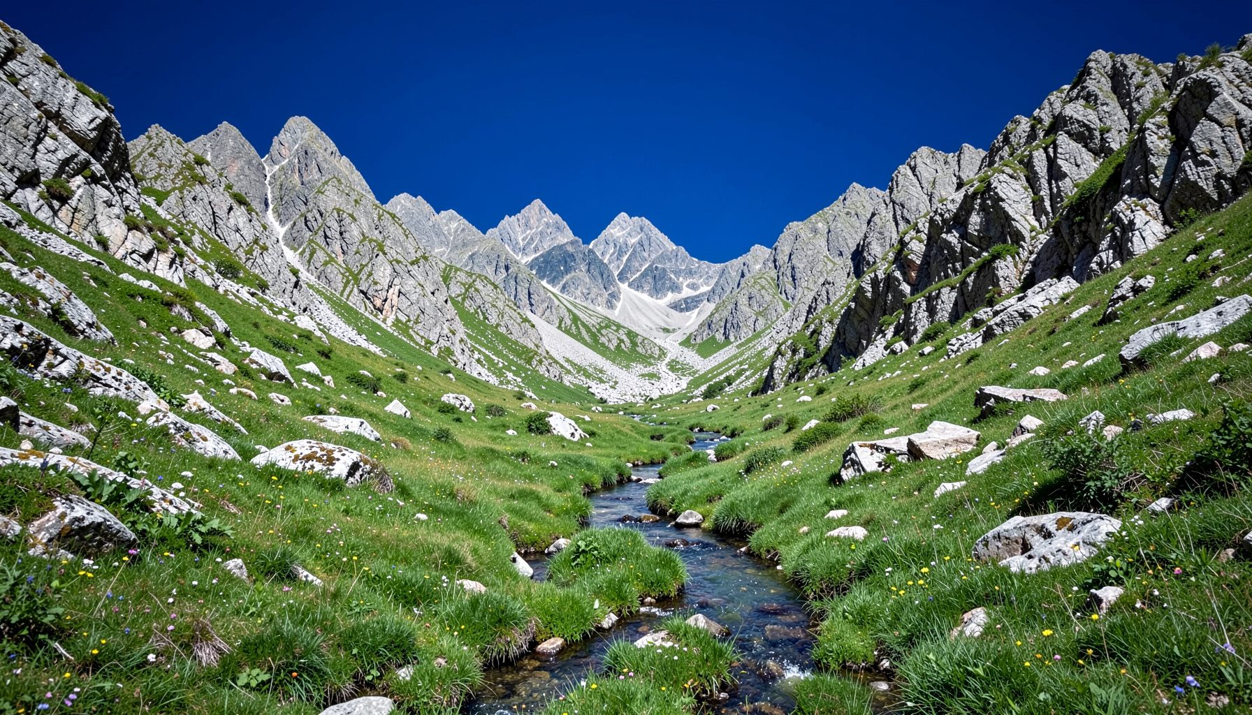 Hidden alpine valley surrounded by rocky peaks with a small stream winding through green meadow