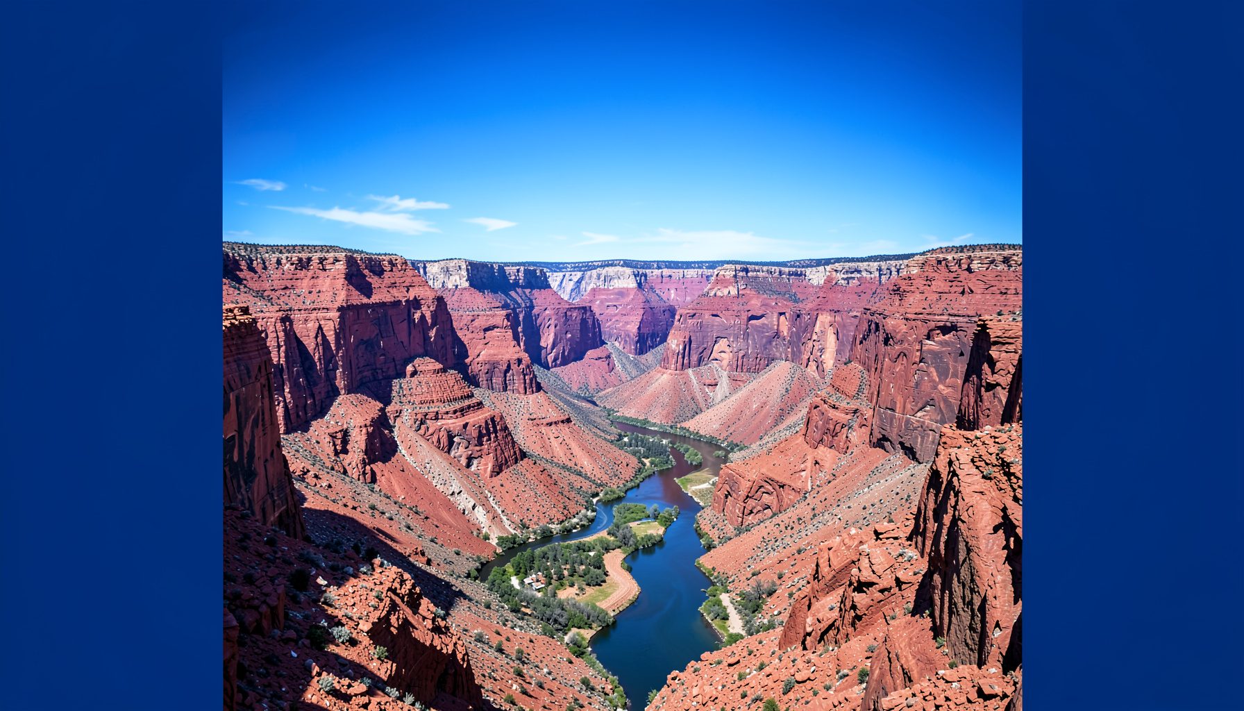 Expansive red-rock canyon under a bright blue sky with a winding river far below