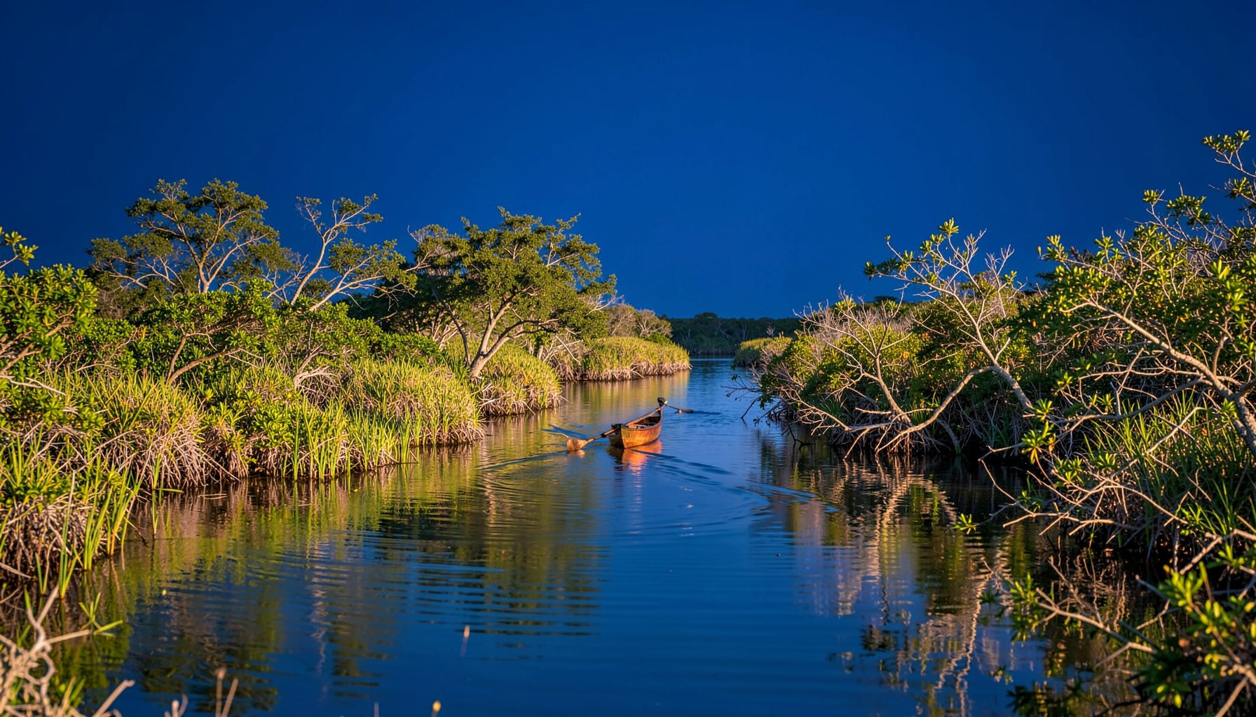 Mangrove-lined calm waterway in the Everglades with a canoe gliding through golden afternoon light