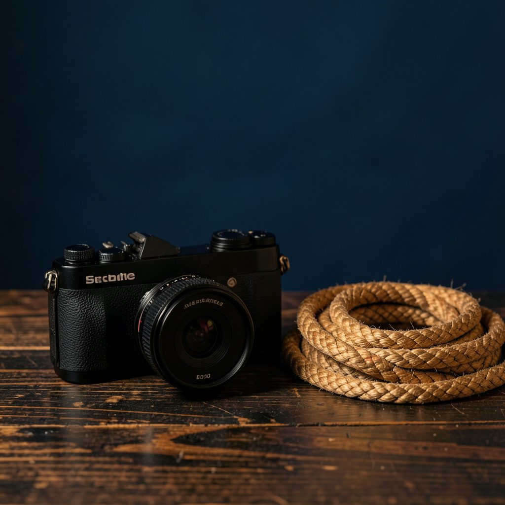 Camera gear laid out on a dark wooden surface beside a coiled climbing rope, warm amber and deep navy tones, rugged and intimate mood