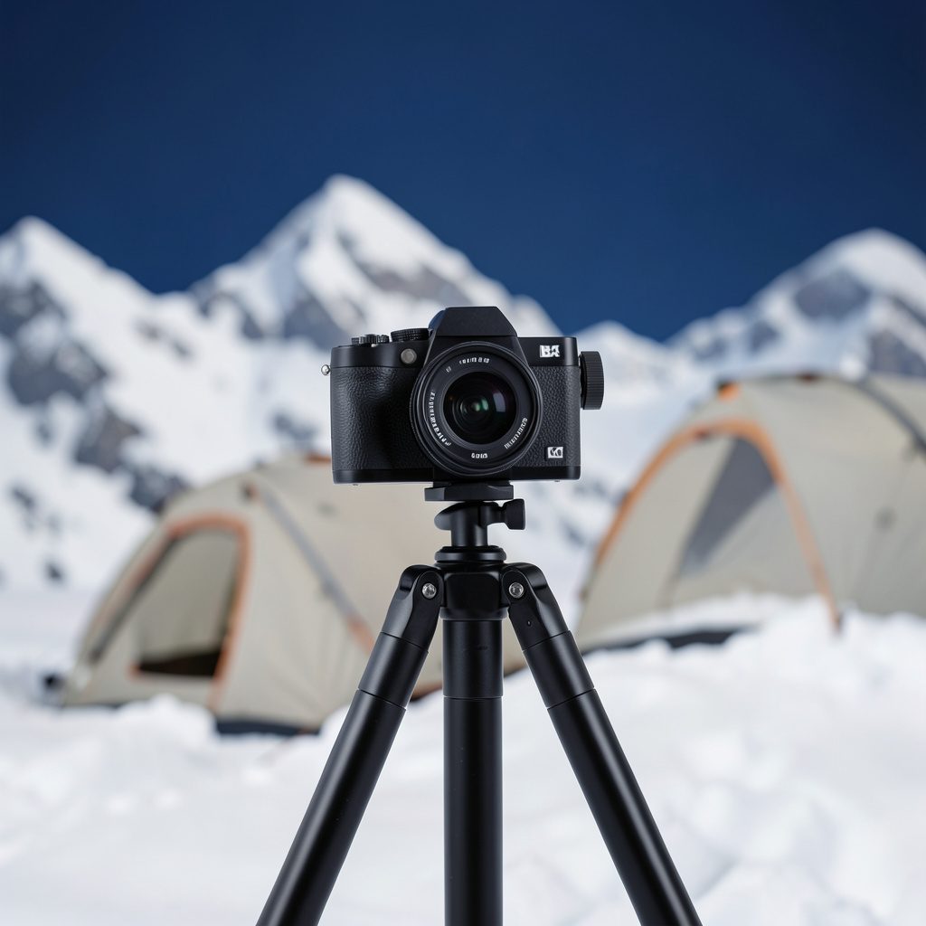 A compact camera mounted on a tripod in a snowy alpine camp, tent and peaks in soft focus behind, crisp white and muted grey tones