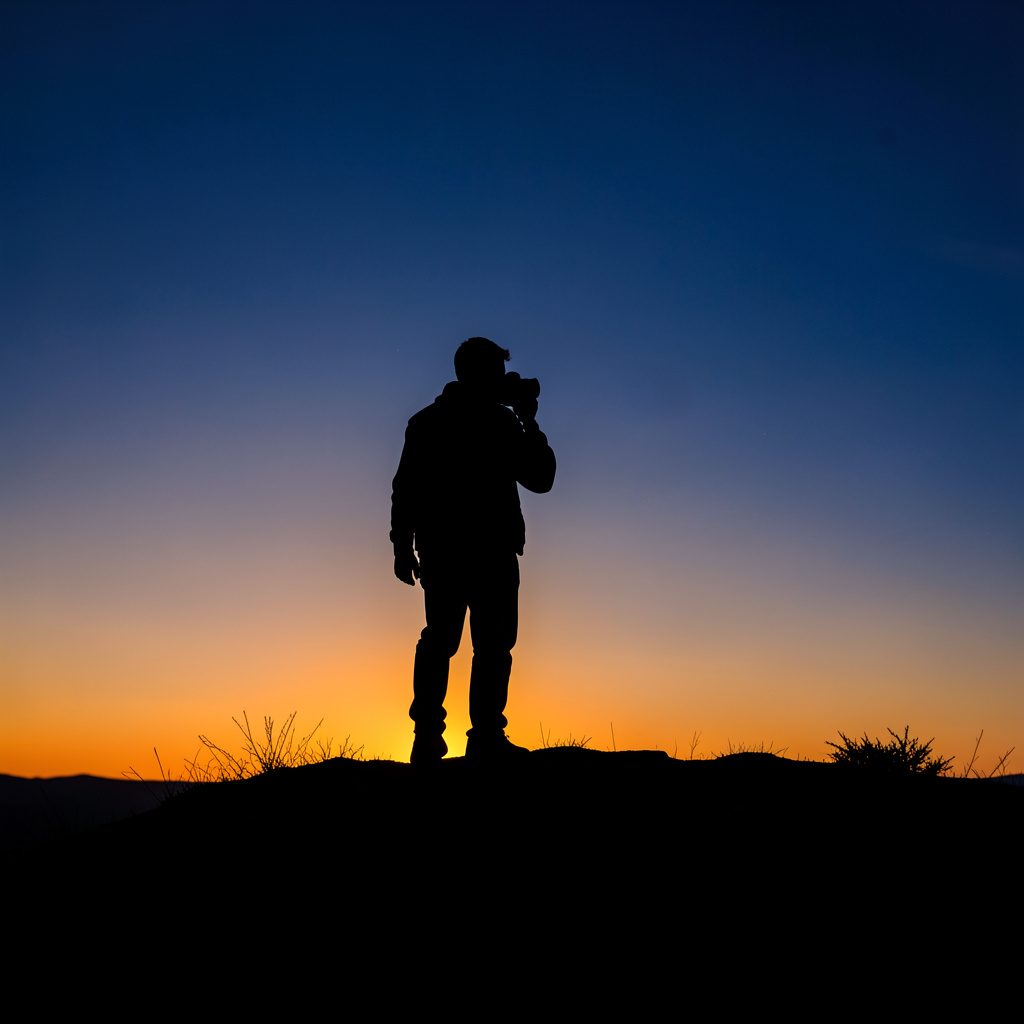 Silhouetted figure with a camera on a ridgeline at golden hour, warm orange and deep blue sky, expansive and contemplative mood
